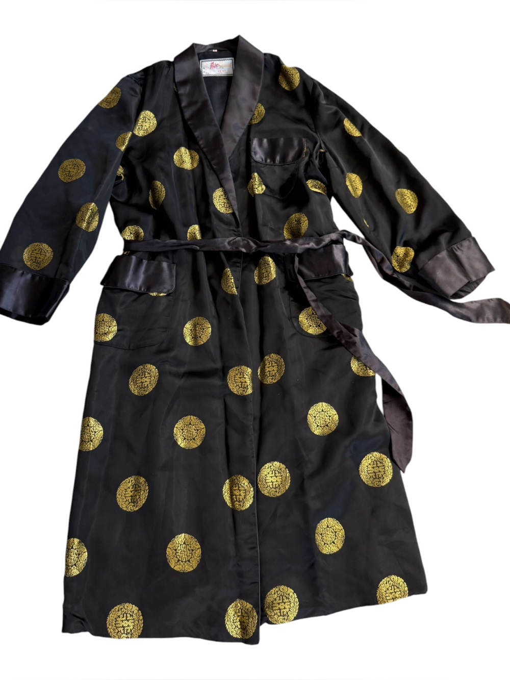 Authentic Vintage Chinese Robe Women Sz 46 Solz Squirrel Black/Gold Dots Rayon